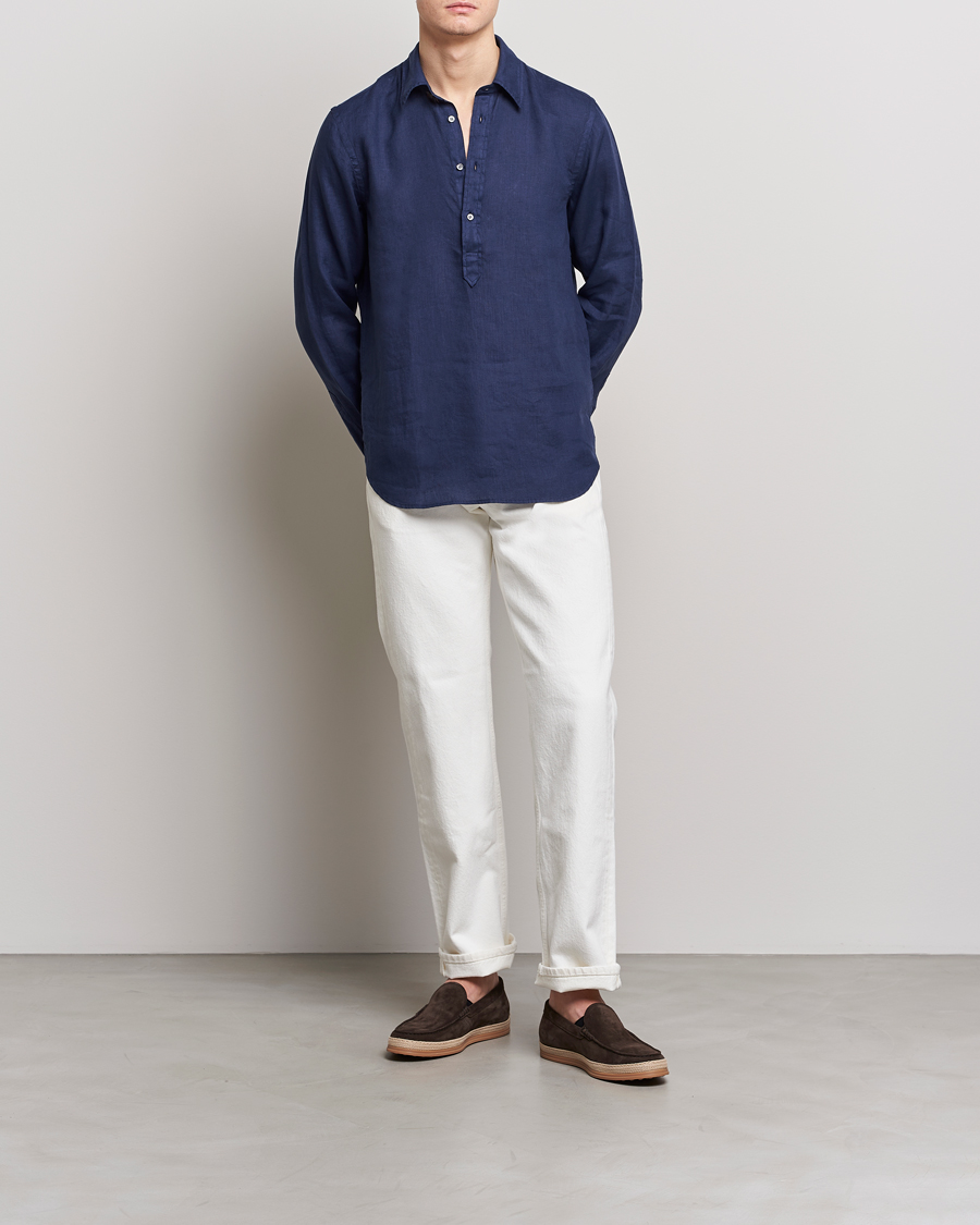 Mies | Kauluspaidat | Aspesi | Linen Popover Shirt Dark Blue