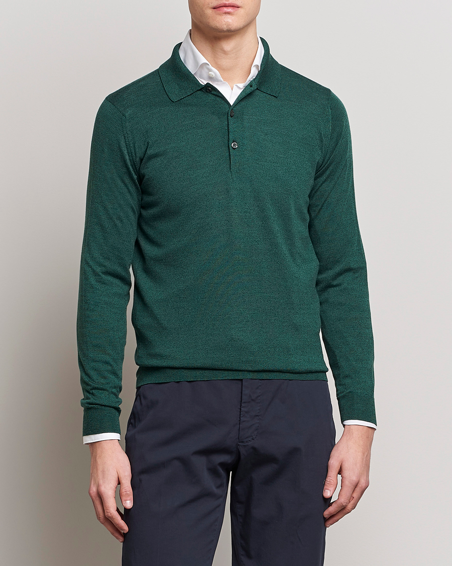 Mies |  | John Smedley | Belper Wool/Cotton Polo Pullover Bottle Green