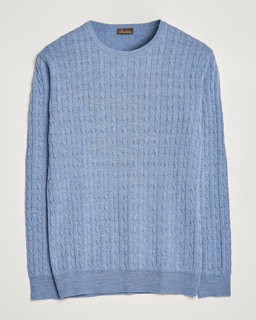 Mies | Puserot | Stenströms | Merino Cable Crew Neck Light Blue