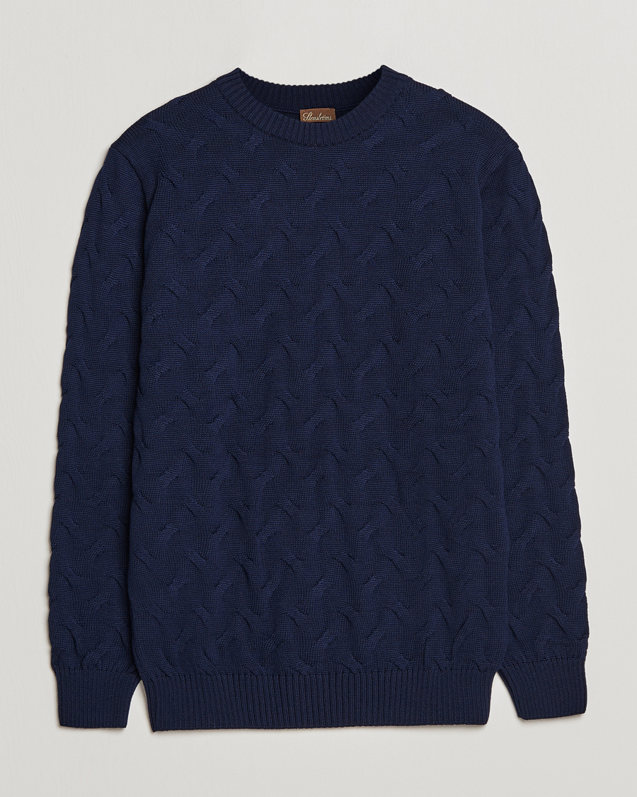 Mies | Puserot | Stenströms | Heavy Cable Merino Crew Neck Navy