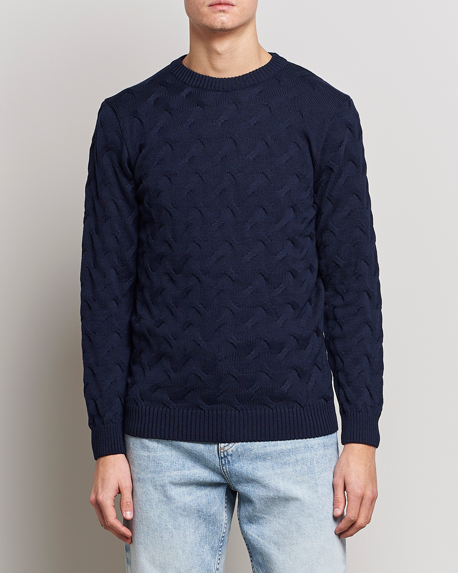 Mies | Puserot | Stenströms | Heavy Cable Merino Crew Neck Navy