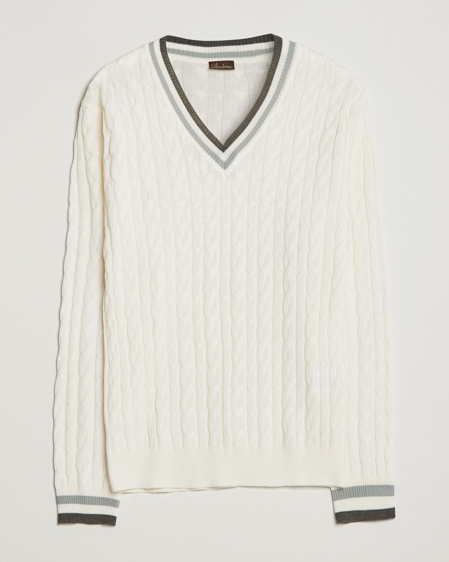 Mies | Puserot | Stenströms | Contrast Merino Cable V-Neck White