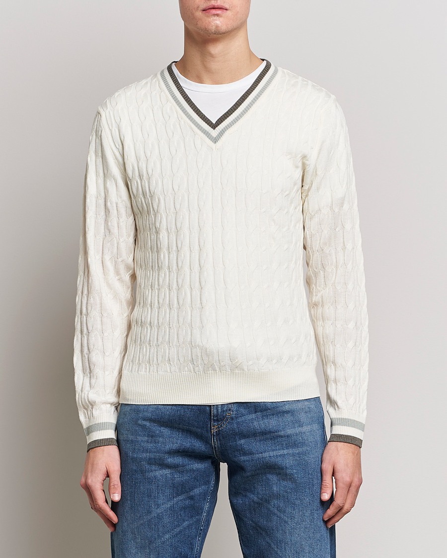 Mies | Puserot | Stenströms | Contrast Merino Cable V-Neck White