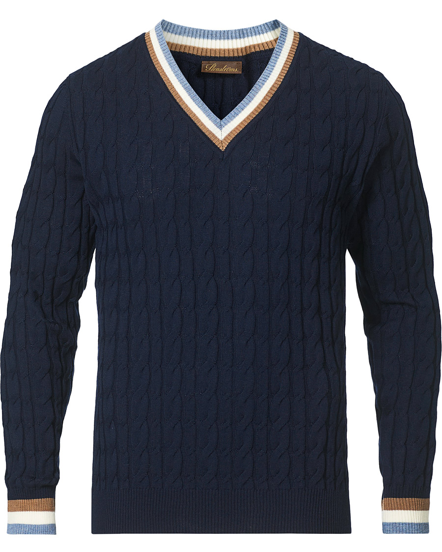 Mies | Puserot | Stenströms | Contast Merino Cable V-Neck Navy