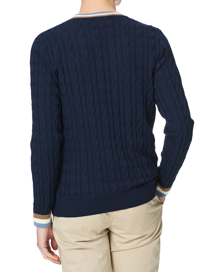 Mies | Puserot | Stenströms | Contast Merino Cable V-Neck Navy