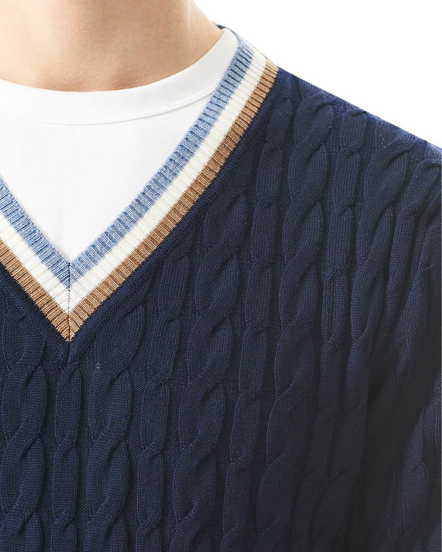 Mies | Puserot | Stenströms | Contast Merino Cable V-Neck Navy