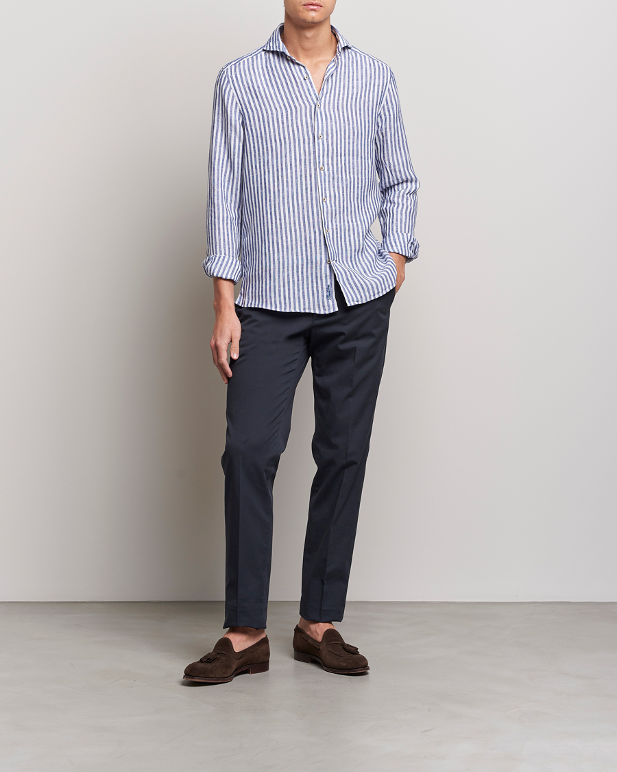 Mies | Kauluspaidat | Stenströms | Slimline Cut Away Striped Linen Shirt Blue