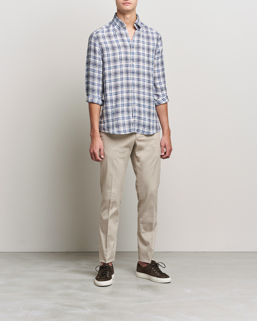 Mies | Alennusmyynti vaatteet | Stenströms | Slimline Cut Away Checked Linen Shirt Blue/Beige