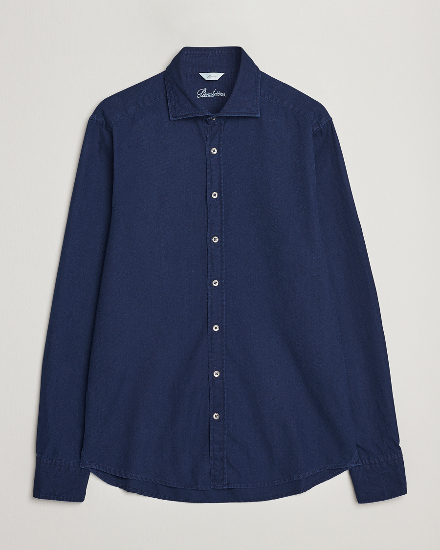 Miehet |  | Stenströms | Slimline Washed Structured Denim Shirt Indigo Blue