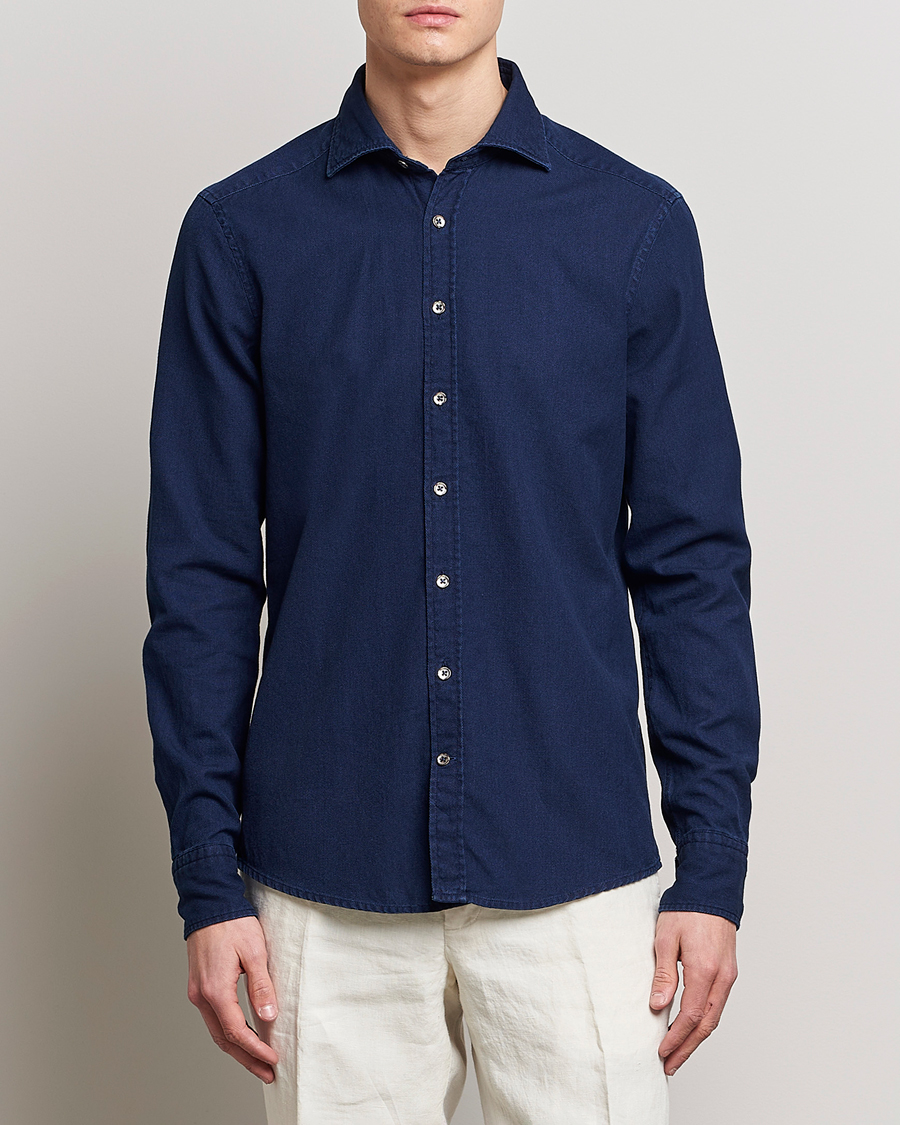 Mies |  | Stenströms | Slimline Washed Structured Denim Shirt Indigo Blue