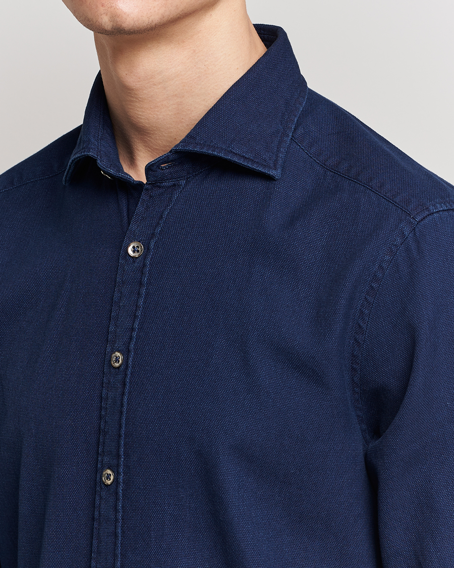 Mies | Kauluspaidat | Stenströms | Slimline Washed Structured Denim Shirt Indigo Blue