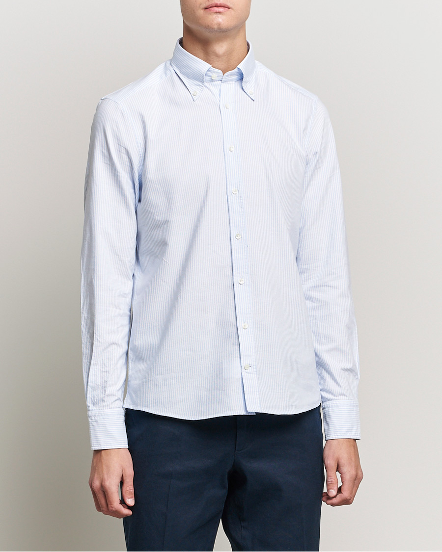Mies |  | Stenströms | Slimline Washed Striped Oxford Shirt Light Blue