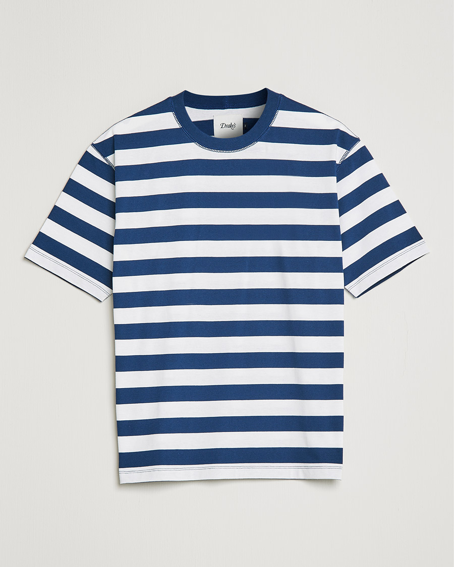 Mies | T-paidat | Drake's | Striped Cotton Hiking Tee White/Navy