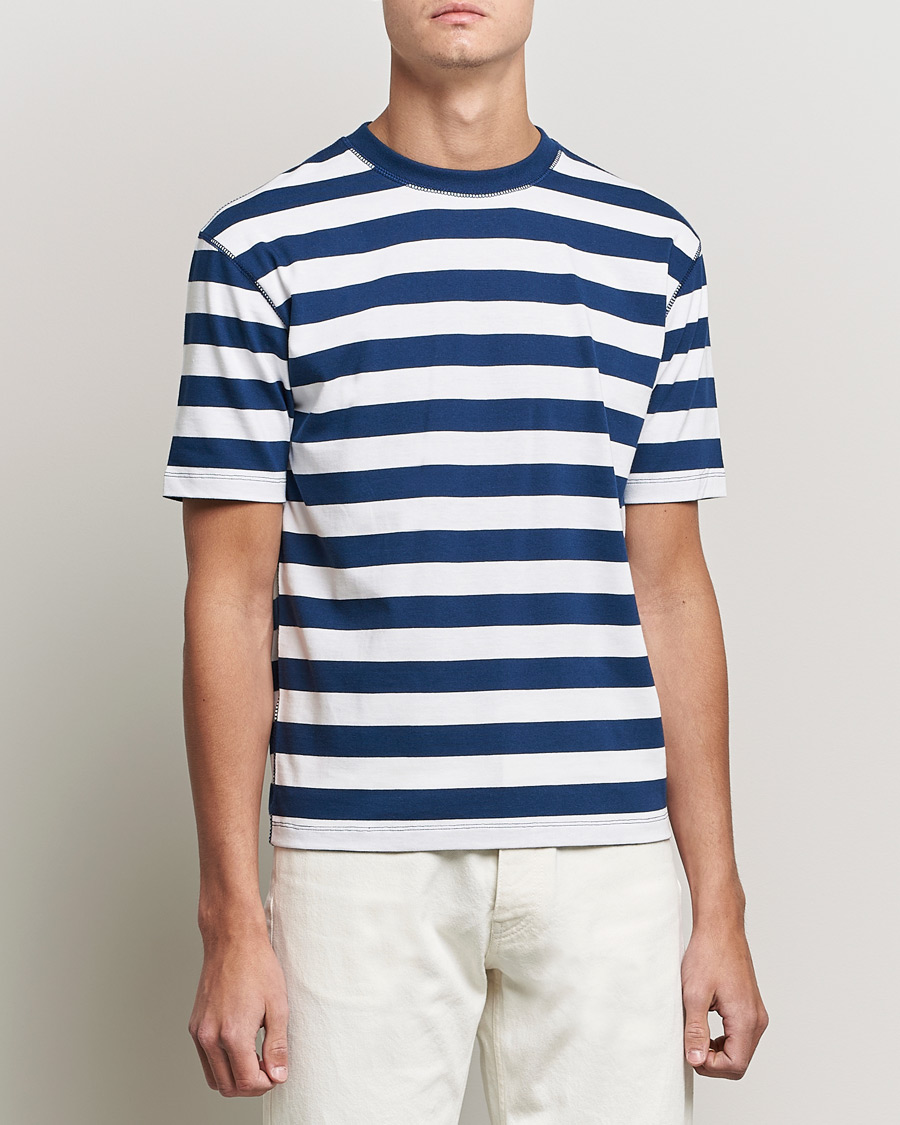 Mies | T-paidat | Drake's | Striped Cotton Hiking Tee White/Navy