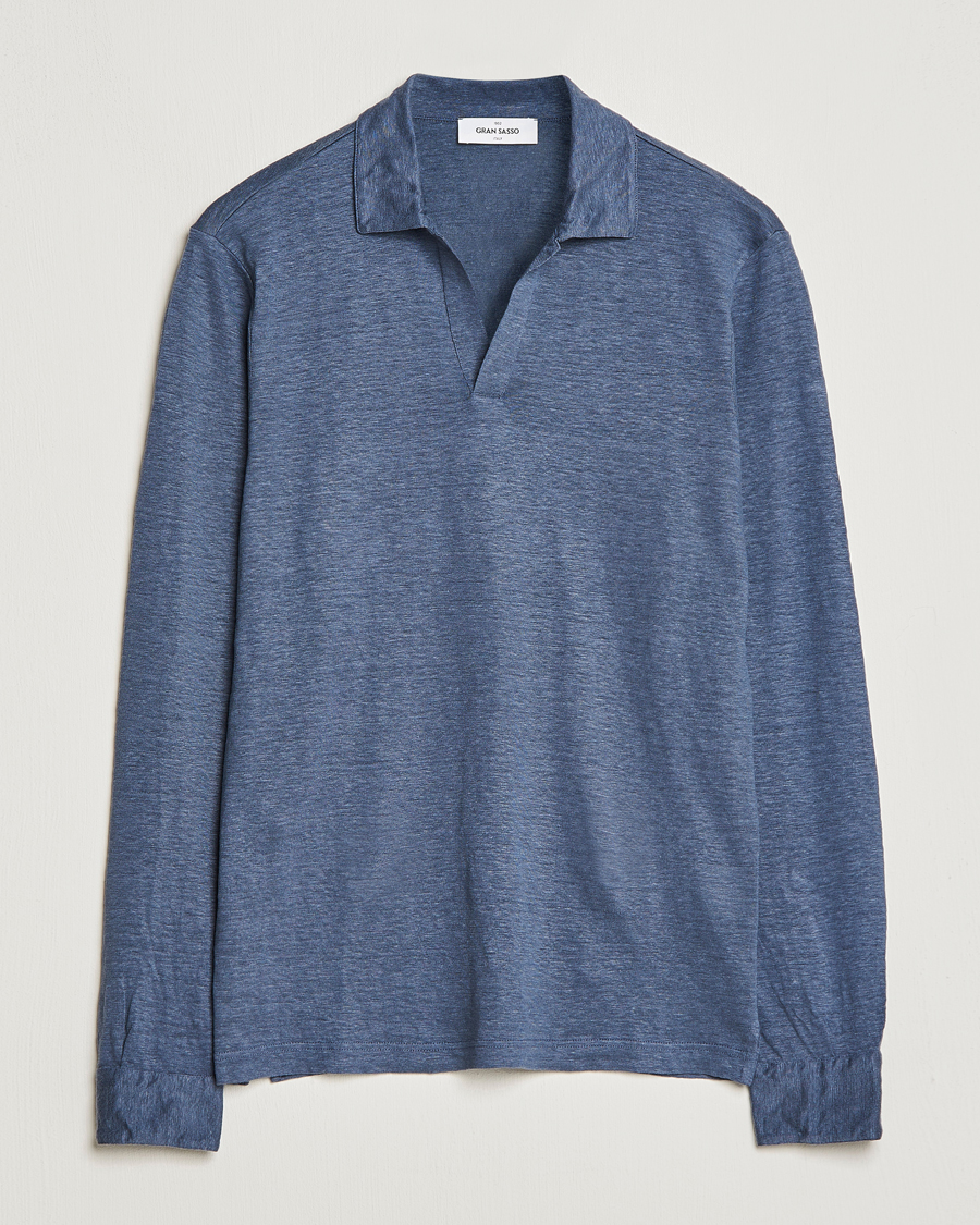 Mies | Puserot | Gran Sasso | Washed Linen Long Sleeve Polo Blue Melange