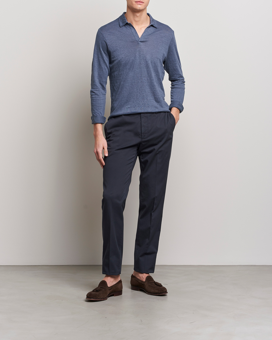 Mies | Puserot | Gran Sasso | Washed Linen Long Sleeve Polo Blue Melange