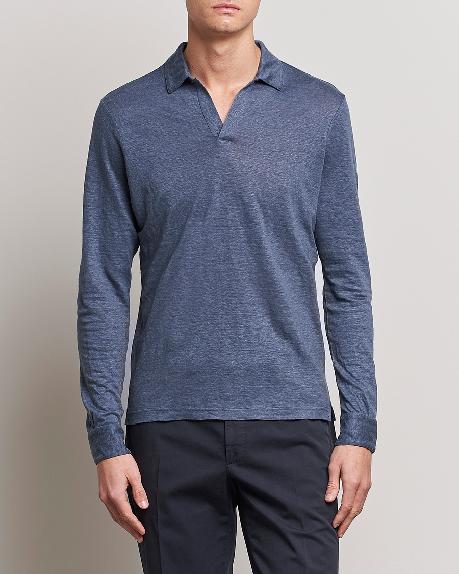 Mies | Pitkähihaiset pikeepaidat | Gran Sasso | Washed Linen Long Sleeve Polo Blue Melange
