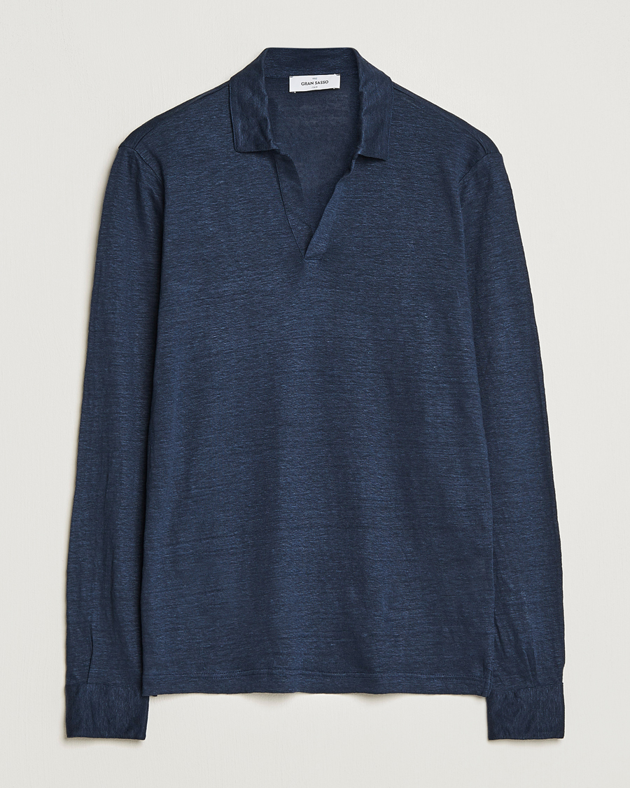 Mies | Pikeet | Gran Sasso | Washed Linen Long Sleeve Polo Navy Melange