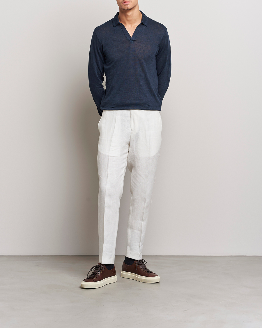 Mies | Pikeet | Gran Sasso | Washed Linen Long Sleeve Polo Navy Melange