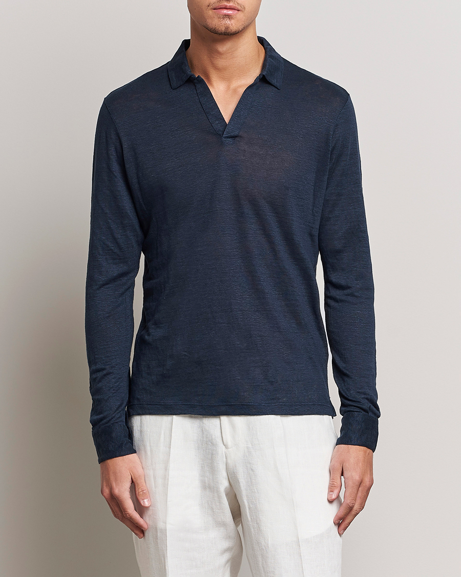 Mies | Pikeet | Gran Sasso | Washed Linen Long Sleeve Polo Navy Melange