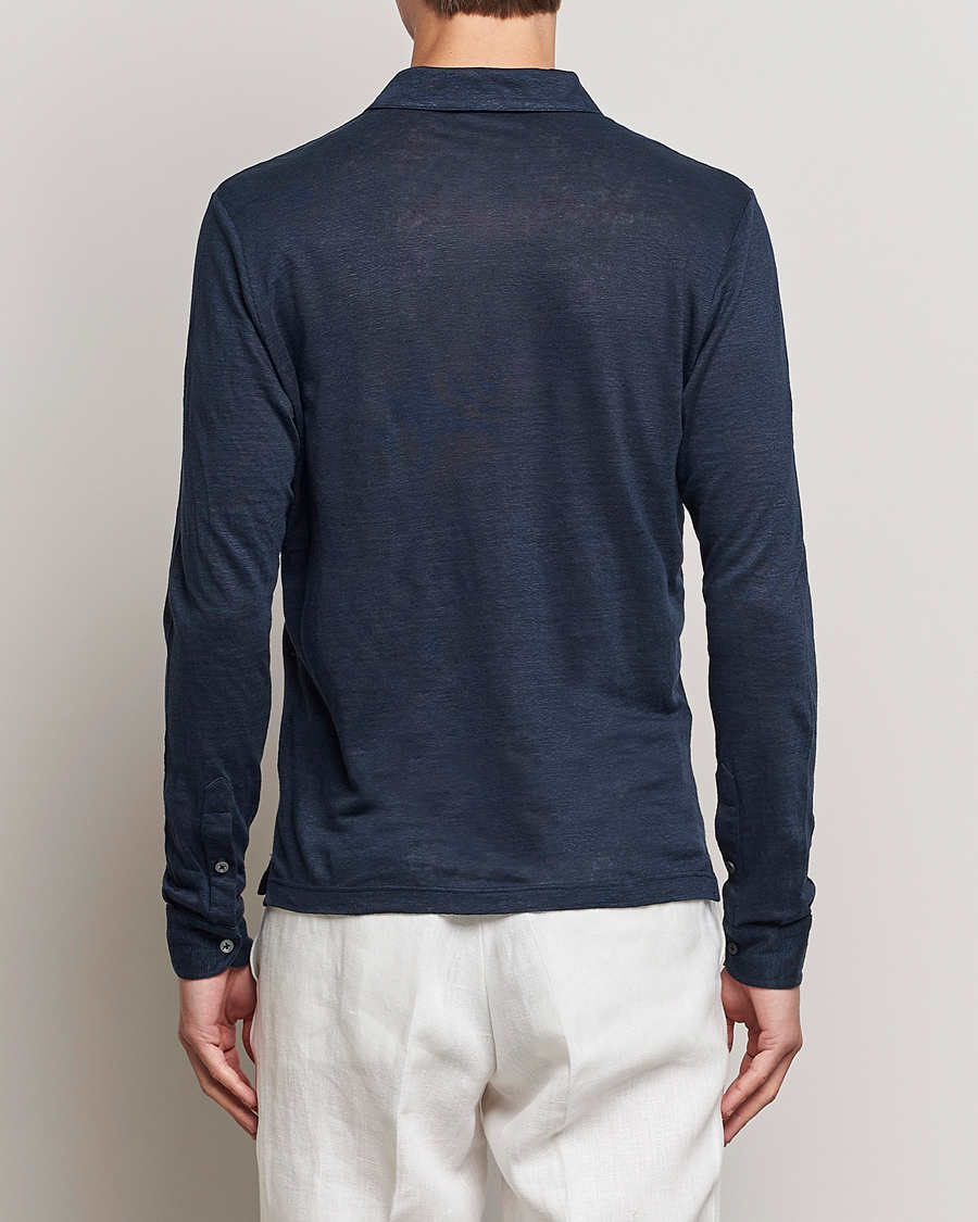 Mies | Pikeet | Gran Sasso | Washed Linen Long Sleeve Polo Navy Melange