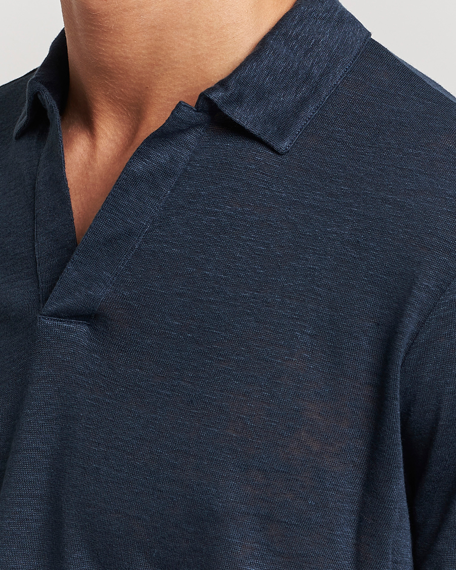 Mies | Pikeet | Gran Sasso | Washed Linen Long Sleeve Polo Navy Melange