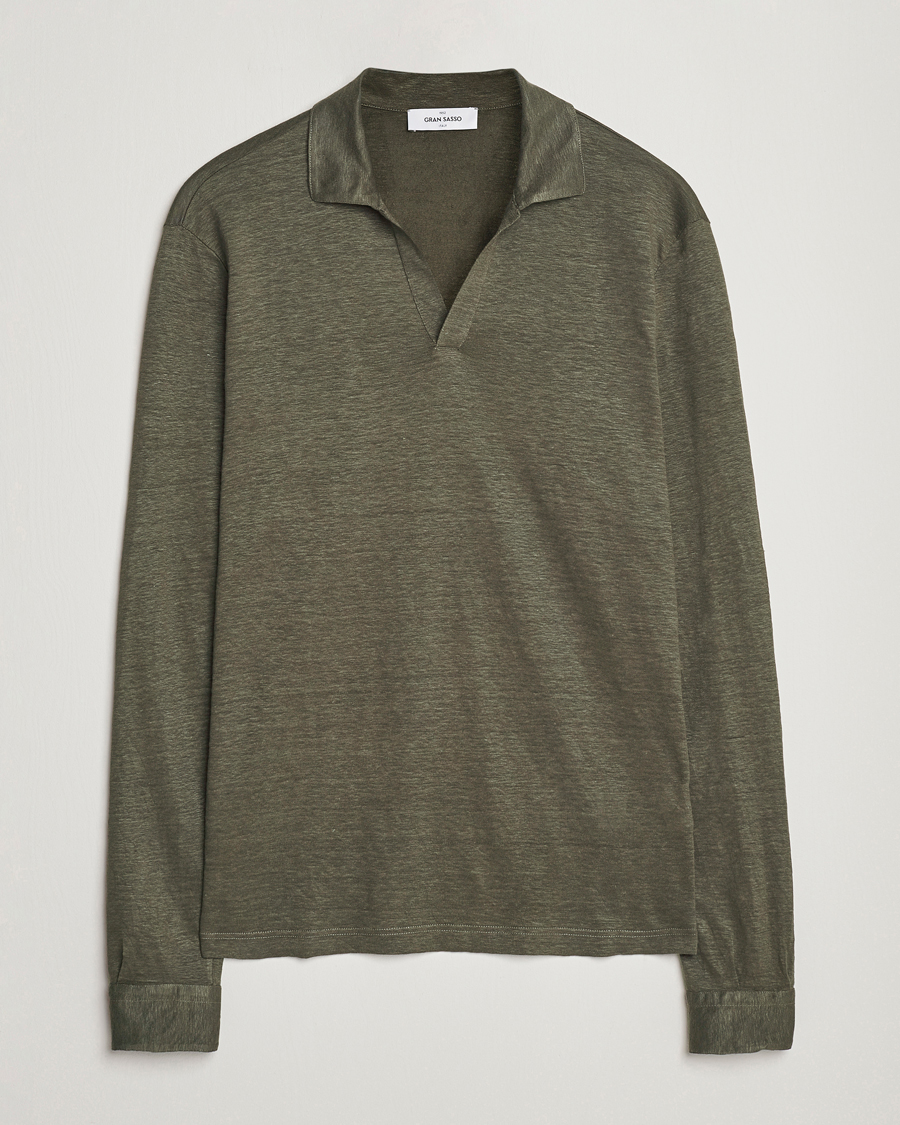 Mies | Puserot | Gran Sasso | Washed Linen Long Sleeve Polo Dark Green