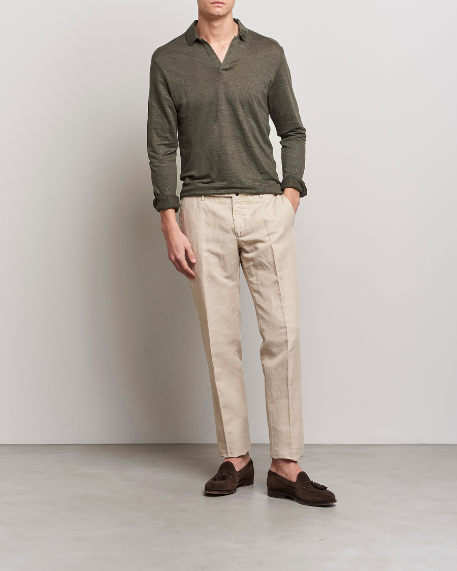Mies | Puserot | Gran Sasso | Washed Linen Long Sleeve Polo Dark Green