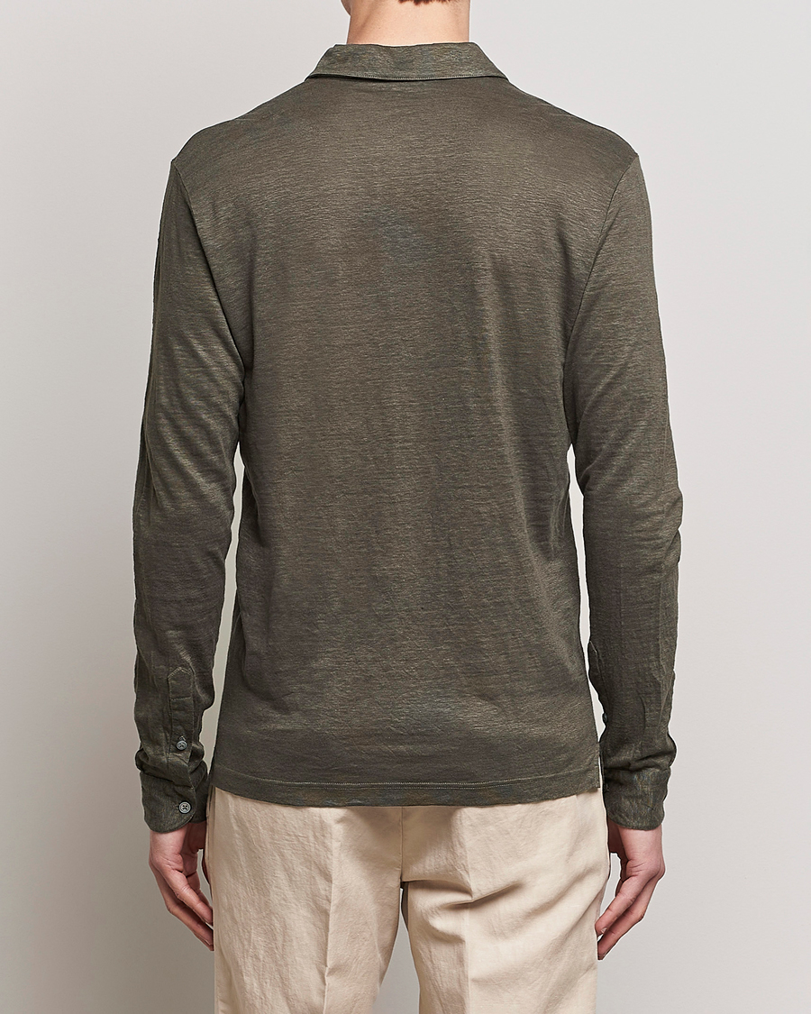Mies | Puserot | Gran Sasso | Washed Linen Long Sleeve Polo Dark Green