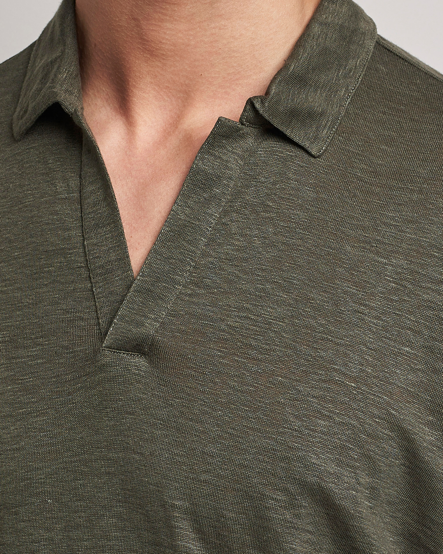 Mies | Puserot | Gran Sasso | Washed Linen Long Sleeve Polo Dark Green