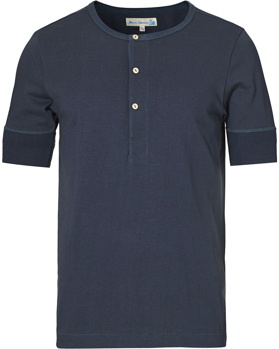 Mies | T-paidat | Merz b. Schwanen | Short Sleeve Organic Cotton Henley Navy