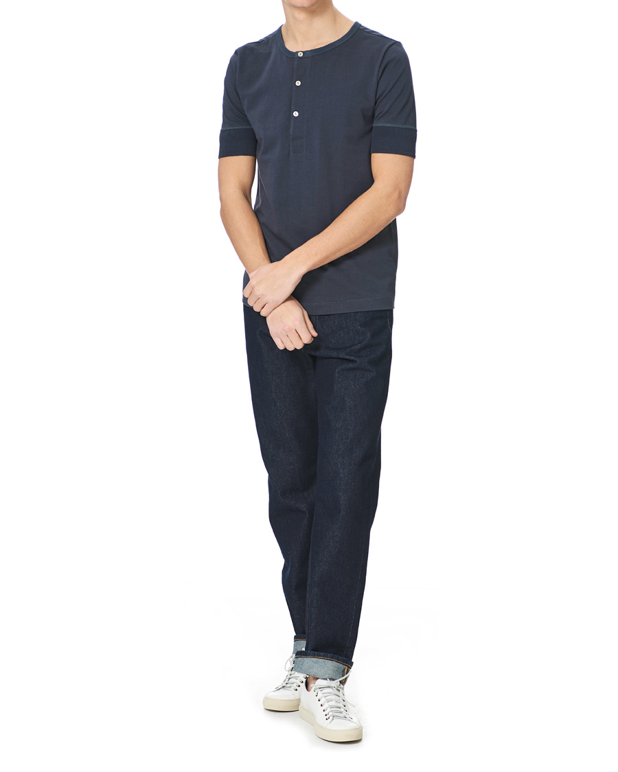 Mies | T-paidat | Merz b. Schwanen | Short Sleeve Organic Cotton Henley Navy