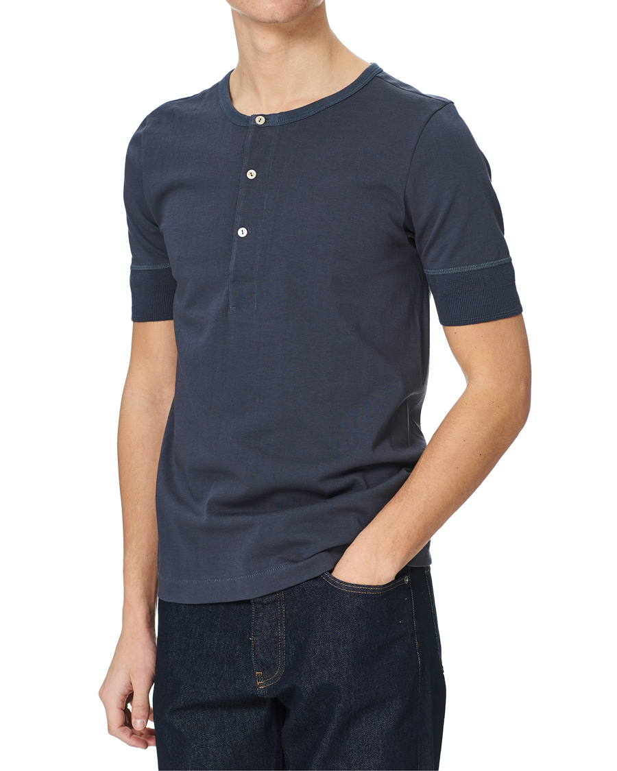 Mies | T-paidat | Merz b. Schwanen | Short Sleeve Organic Cotton Henley Navy