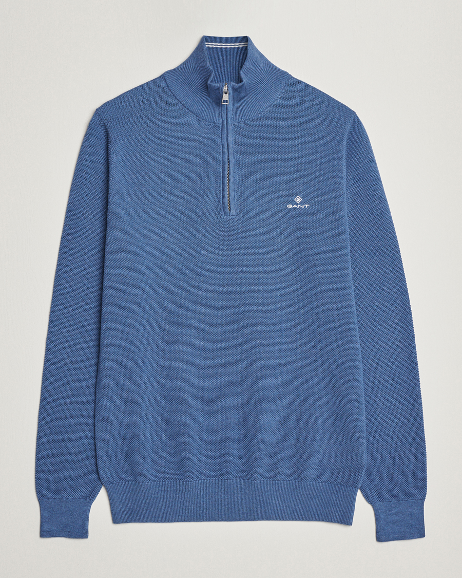 Mies | Puserot | GANT | Cotton Pique Half-Zip Sweater Denim Blue Melange