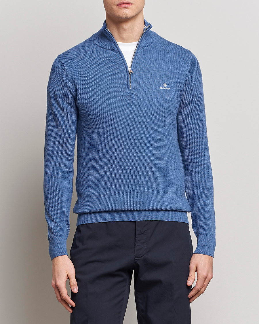 Mies | Vetoketjulliset puserot | GANT | Cotton Pique Half-Zip Sweater Denim Blue Melange
