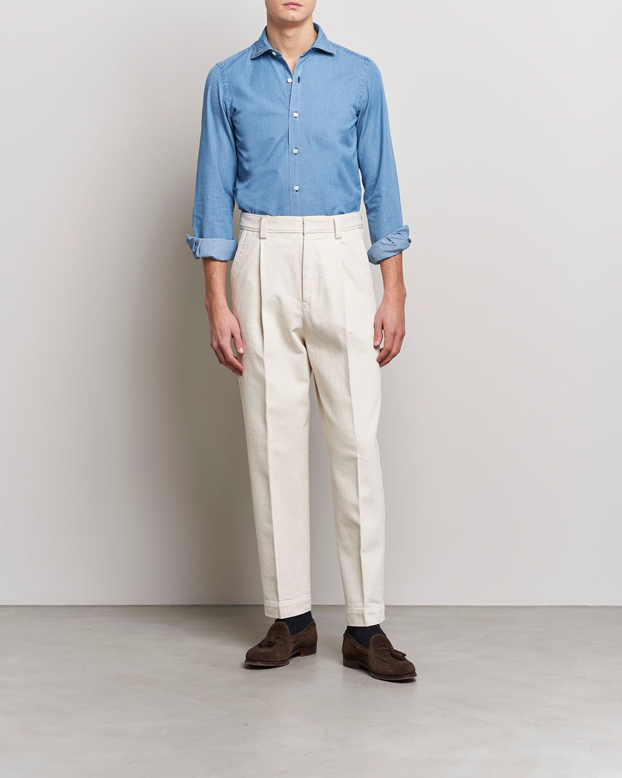 Mies | Kauluspaidat | Finamore Napoli | Milano Slim Denim Shirt Light Indigo