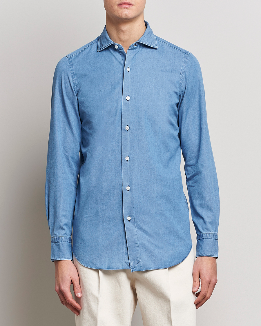 Mies | Kauluspaidat | Finamore Napoli | Milano Slim Denim Shirt Light Indigo