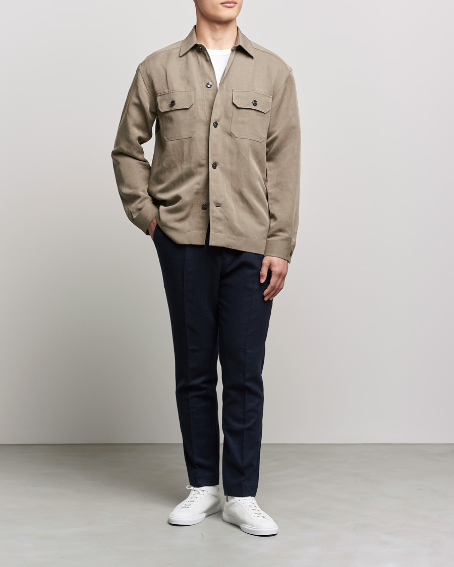 Mies | Kauluspaidat | BOSS BLACK | Cole Linen/Lyocell Overshirt Open Green
