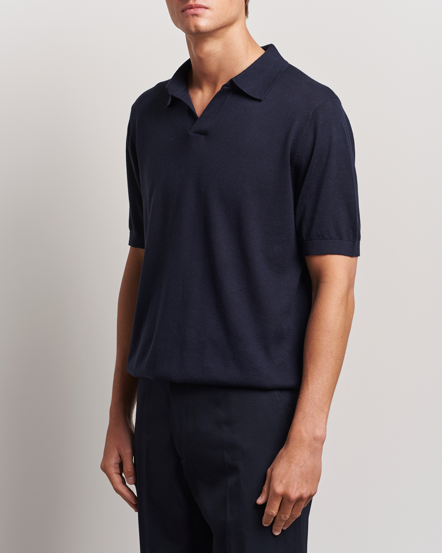 Mies | Pikeet | A Day's March | Ebro Cotton/Merino Open Collar Polo Navy