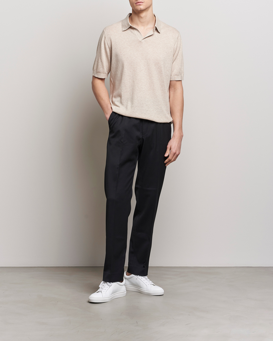 Mies | Pikeet | A Day's March | Ebro Cotton/Merino Open Collar Polo Sand
