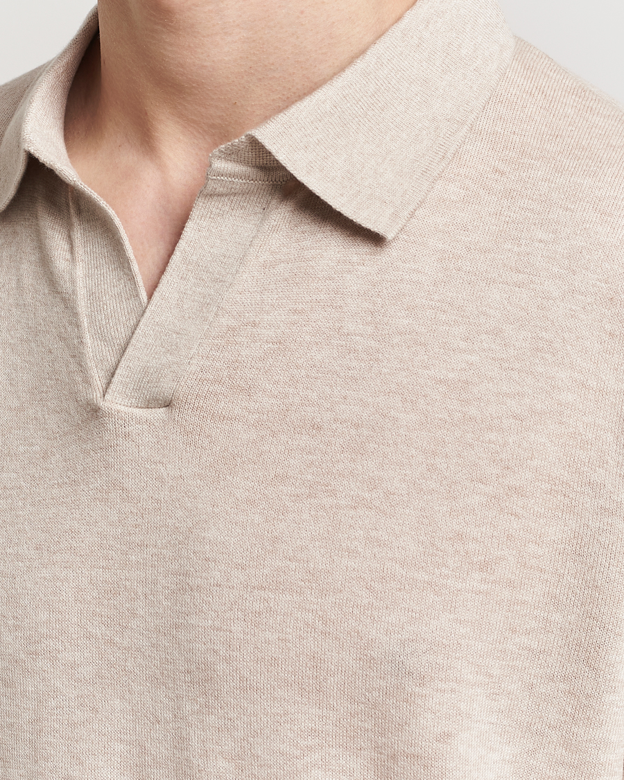 Mies | Pikeet | A Day's March | Ebro Cotton/Merino Open Collar Polo Sand