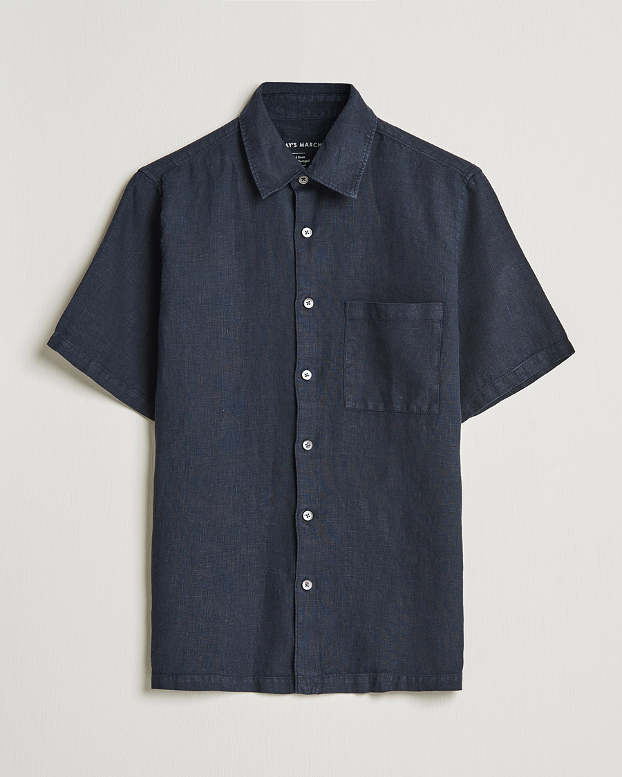 Mies | Kauluspaidat | A Day's March | Khito Short Sleeve Linen Shirt Dark Navy