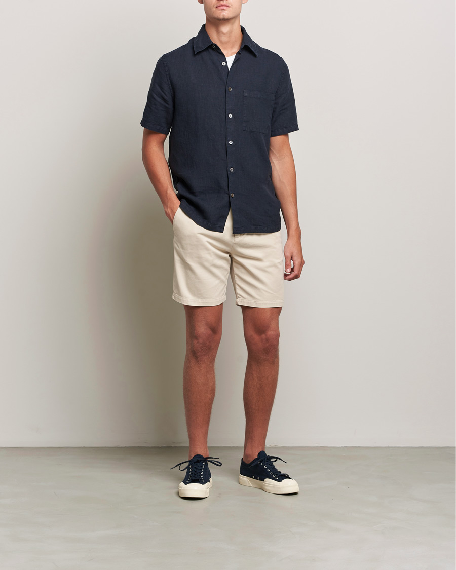 Mies | Kauluspaidat | A Day's March | Khito Short Sleeve Linen Shirt Dark Navy