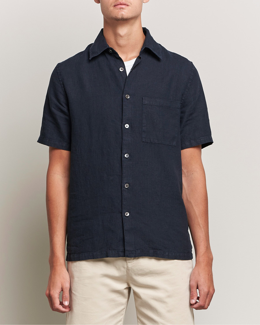 Mies | Kauluspaidat | A Day's March | Khito Short Sleeve Linen Shirt Dark Navy