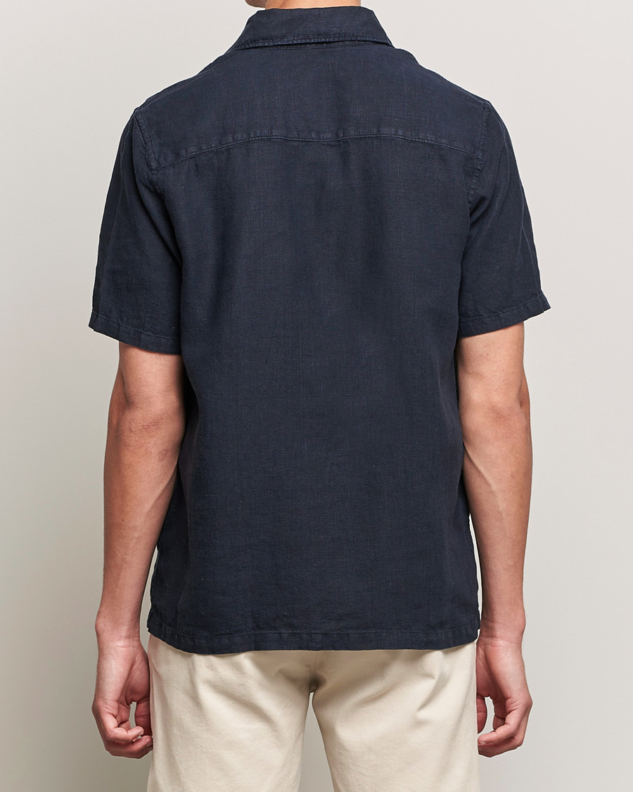 Mies | Kauluspaidat | A Day's March | Khito Short Sleeve Linen Shirt Dark Navy