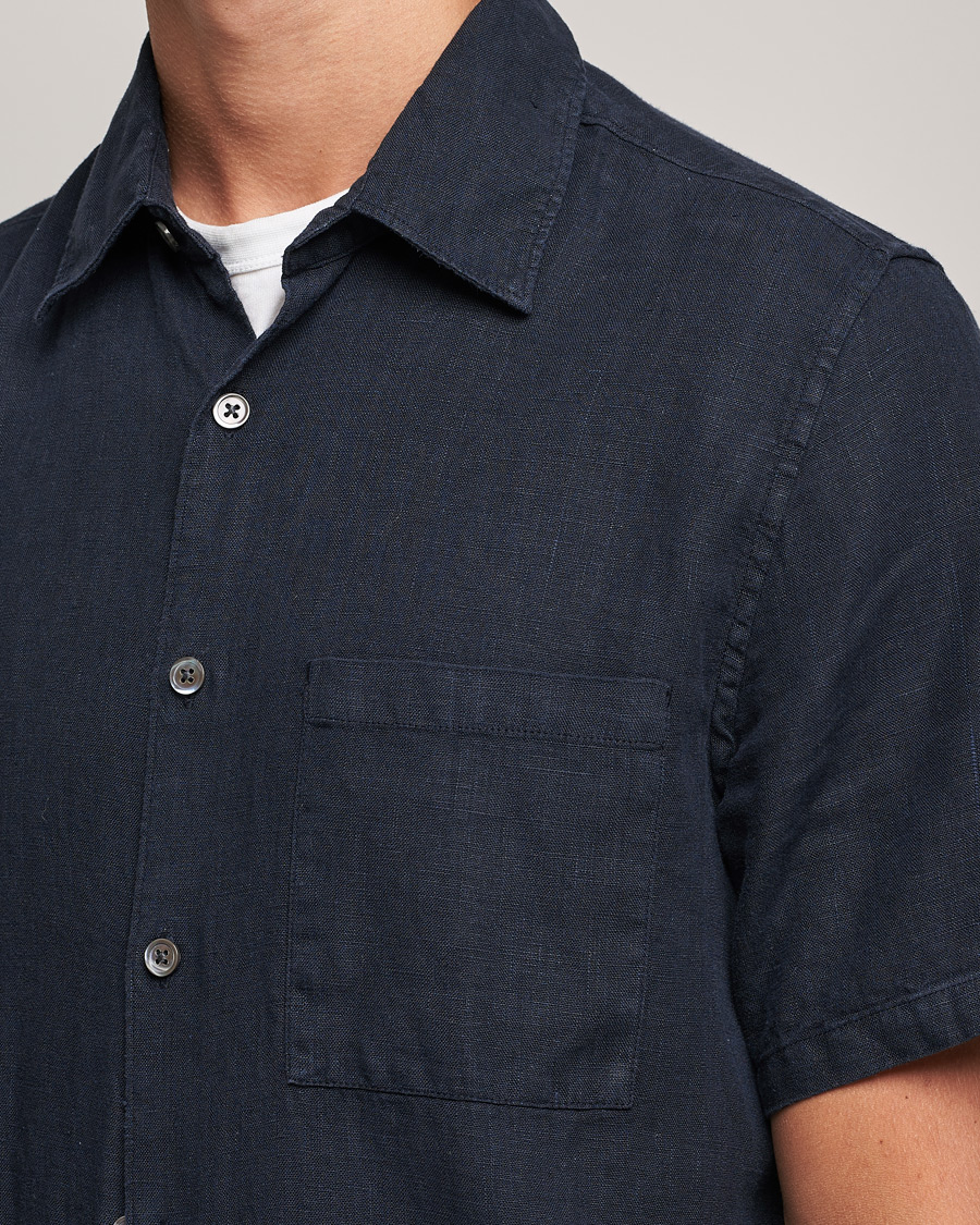 Mies | Kauluspaidat | A Day's March | Khito Short Sleeve Linen Shirt Dark Navy