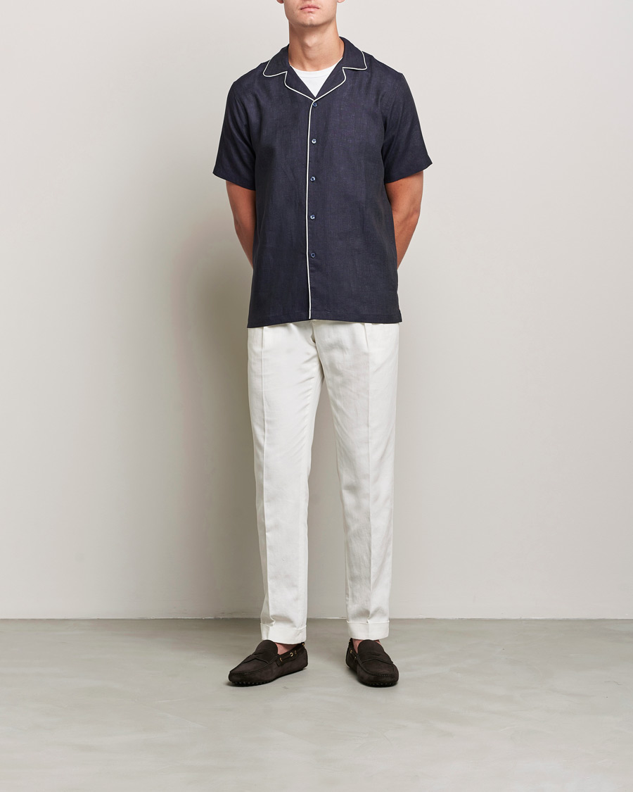 Mies | Kauluspaidat | Orlebar Brown | Hibbert Short Sleeve Linen Shirt Navy