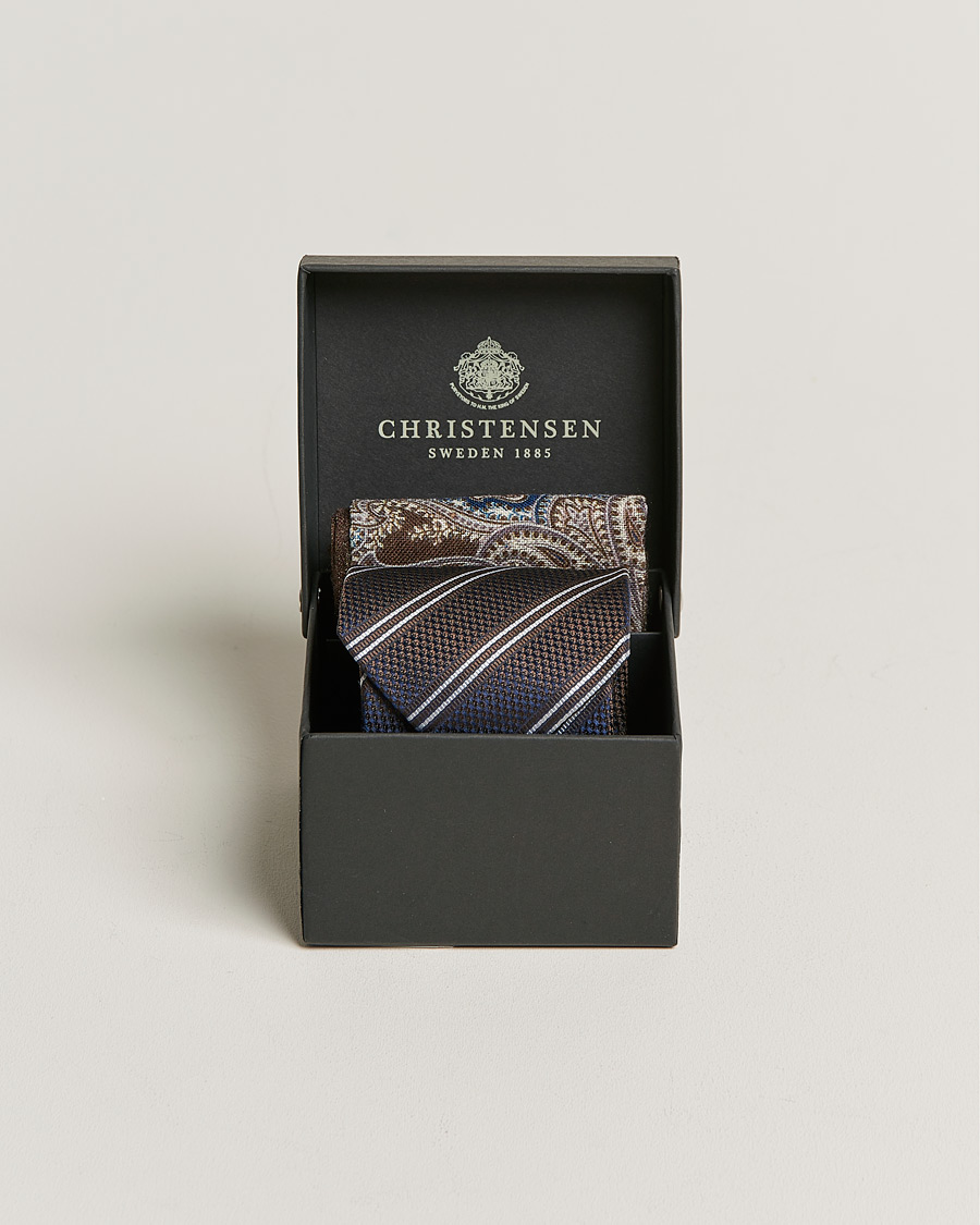 Miehet |  | Amanda Christensen | Box Set Silk Striped Tie And Wool Pocket Square Brown
