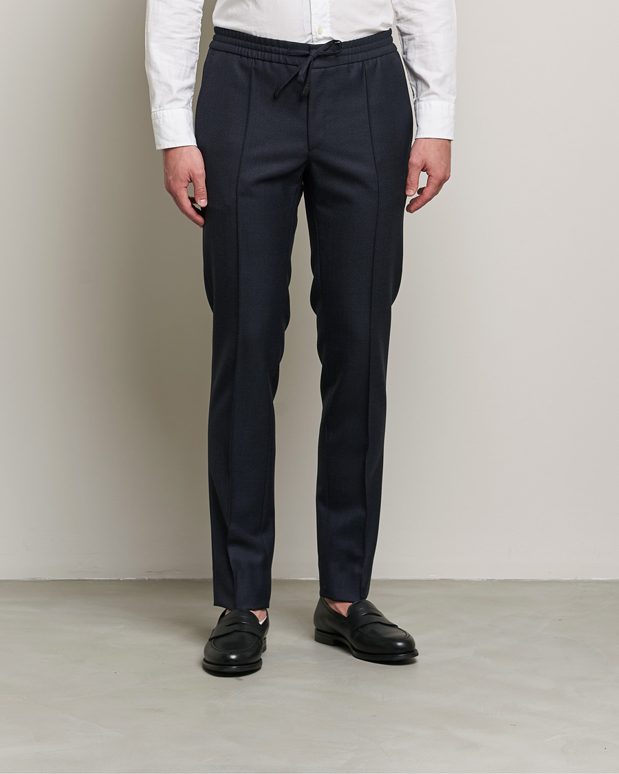 Mies | Housut | Brioni | Sharkskin Wool Drawstring Trousers Navy