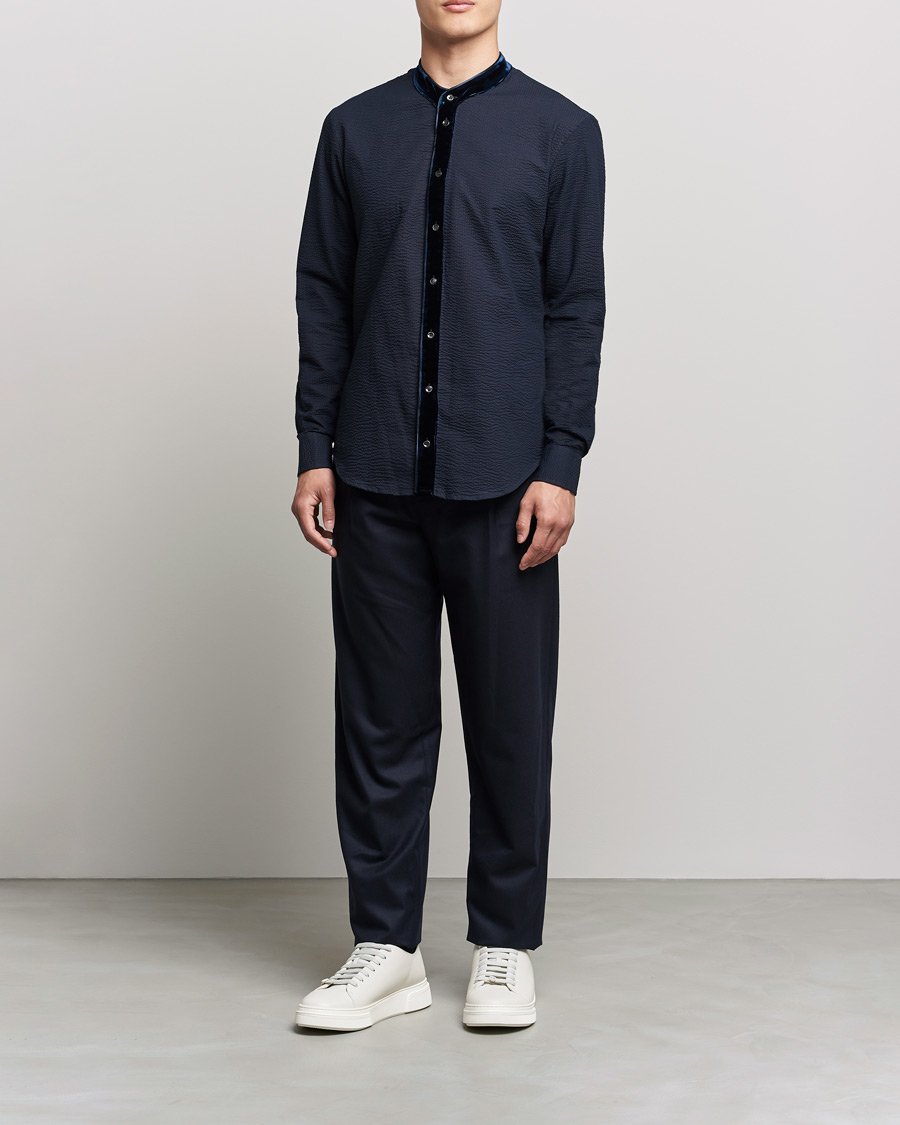 Mies | Kauluspaidat | Giorgio Armani | Seersucker Velvet Guru Collar Shirt Navy